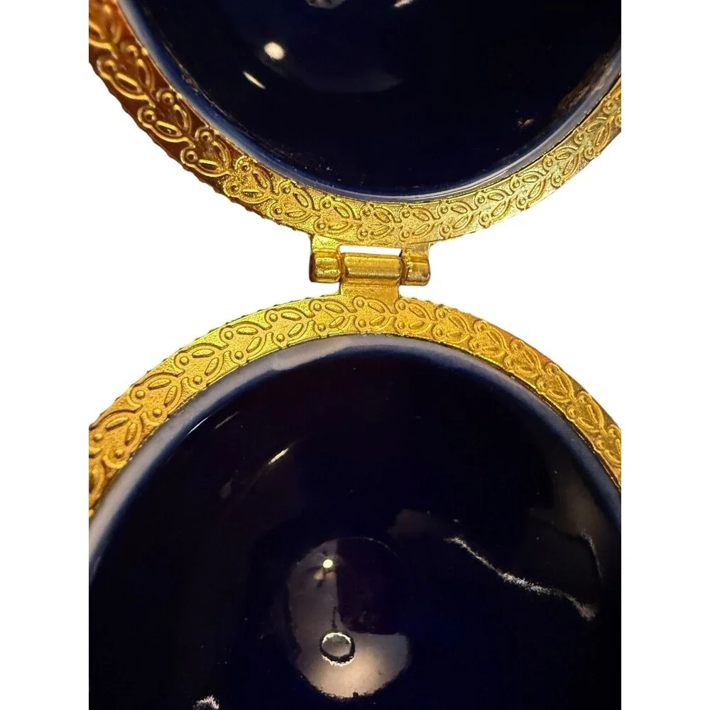 Cobalt Blue Porcelain Egg Form Trinket Box w/ Flowers Decoration